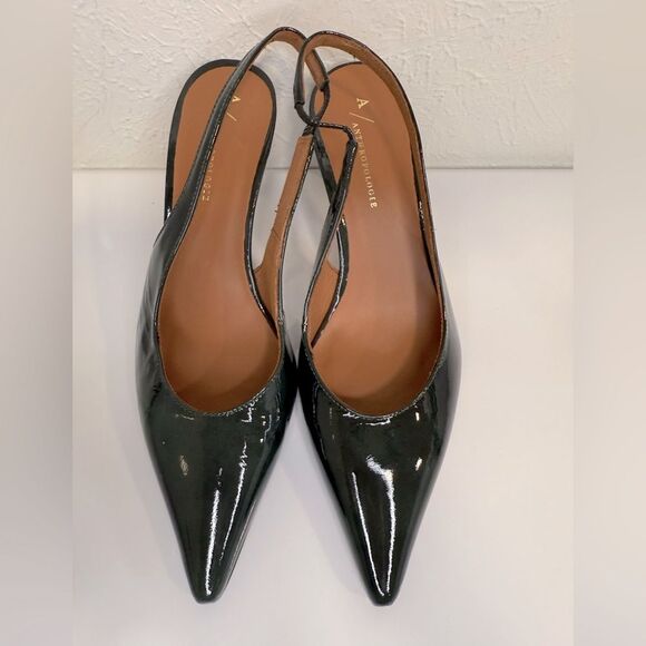 ANTHROPOLOGIE Trinee Slingback Patent Leather Heel Pointed Toe Pump, Green, 38